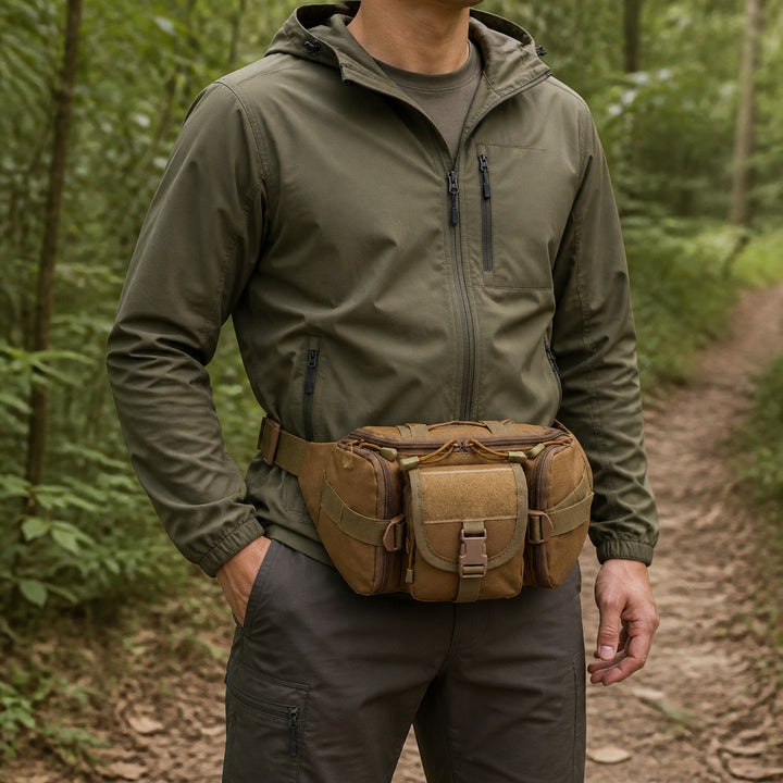 Earth Brown tactical waist bag worn outdoors