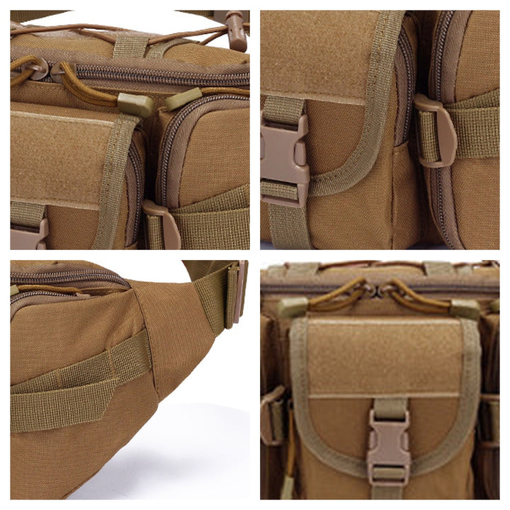 Tactical waist bag front pouch, hook-and-loop panel, zipper and buckle details