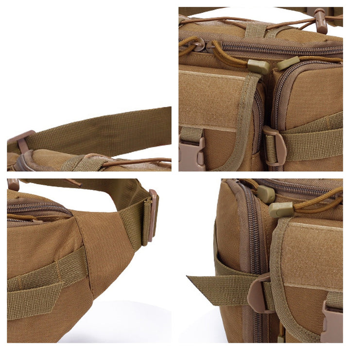 Tactical waist bag belt, side pouch and zipper detail collage