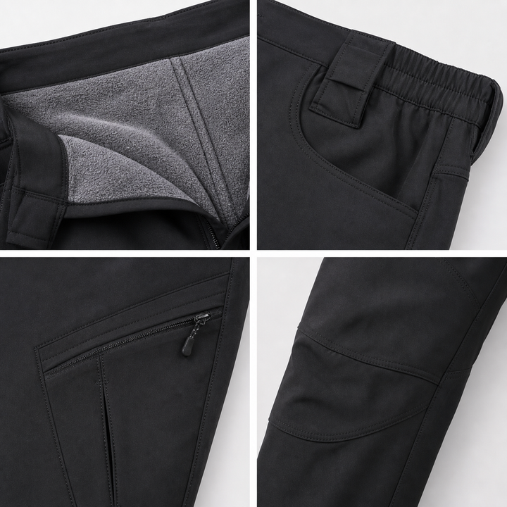 Black fleece-lined hiking pants lining, waist, pocket and knee details