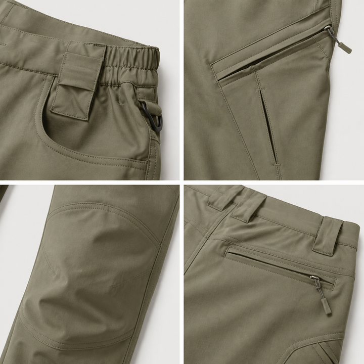 Army Green fleece-lined hiking pants waist, pocket, knee and rear pocket details