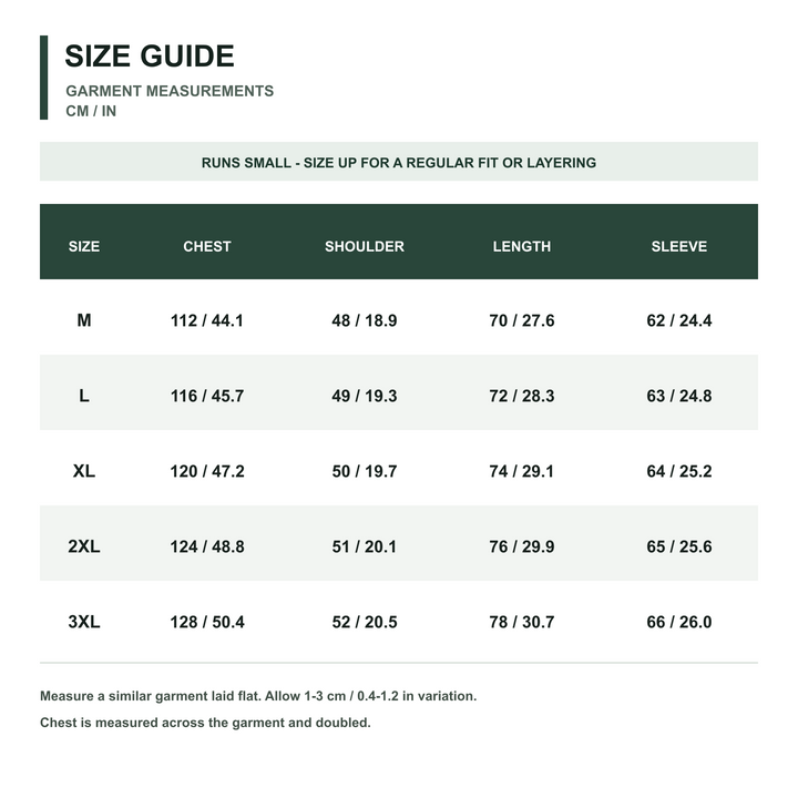 Men's Delta Tactical Softshell Jacket size guide in centimeters and inches