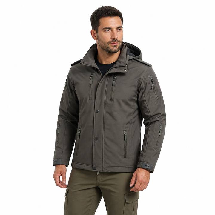 Men's hooded fleece-lined softshell jacket worn by a tactical user
