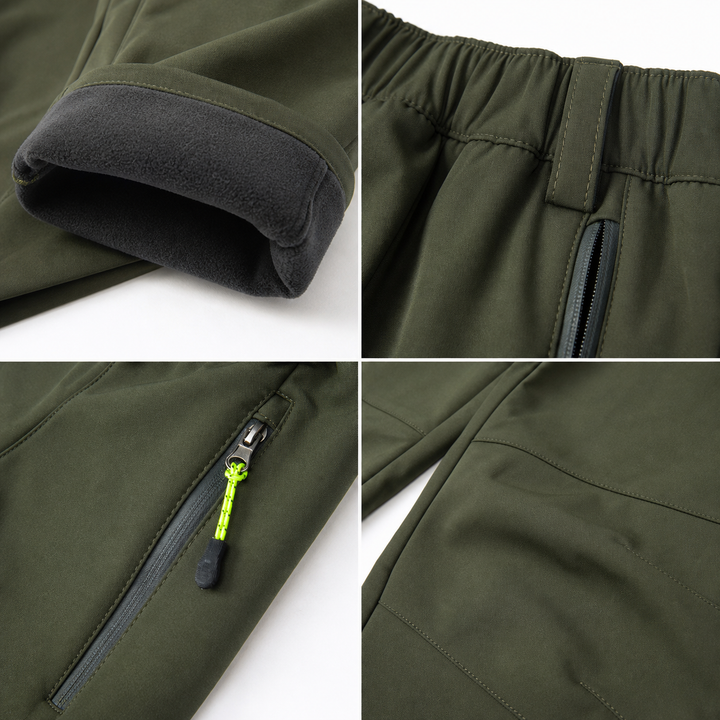 Fleece lining, elastic waist, zip pocket and articulated knee details