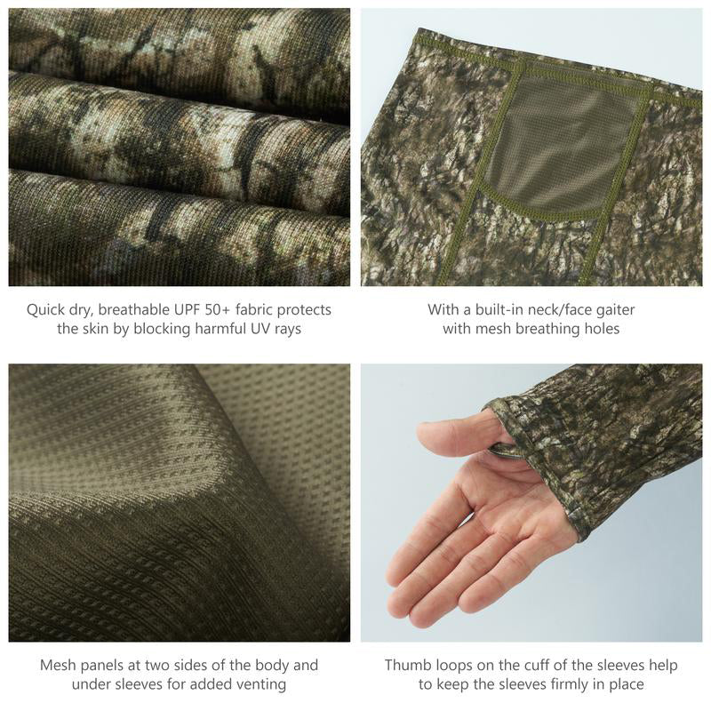 TWS UPF 50+Men's Hunting Shirts with Mask Long Sleeve Camo Fishing Hoodie